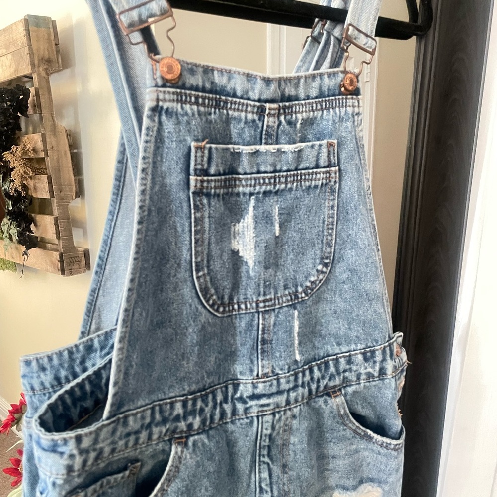 Forever 21 Distressed Mini Overall Dress Denim - Picture 4 of 7